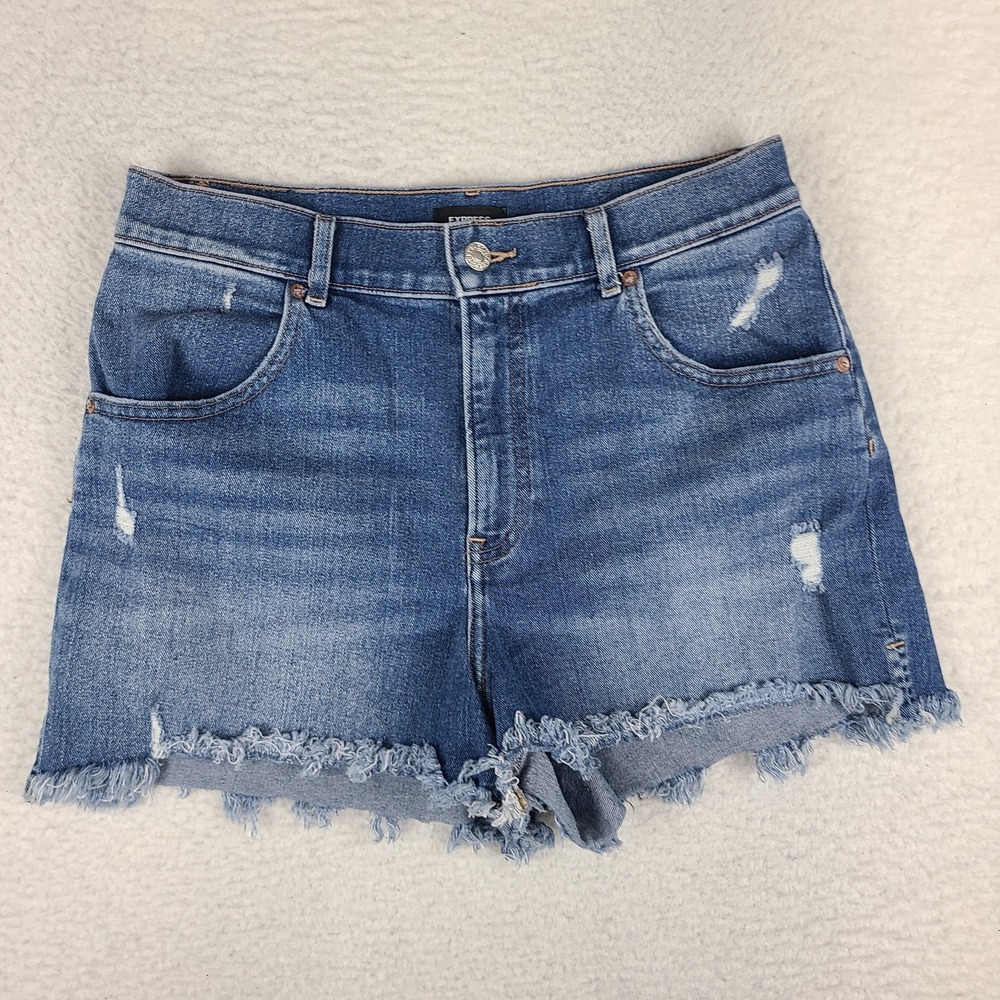 EXPRESS Jean Shorts Womens 8‎ Mom Super High Rise 3" Inseam Distress Blue Denim